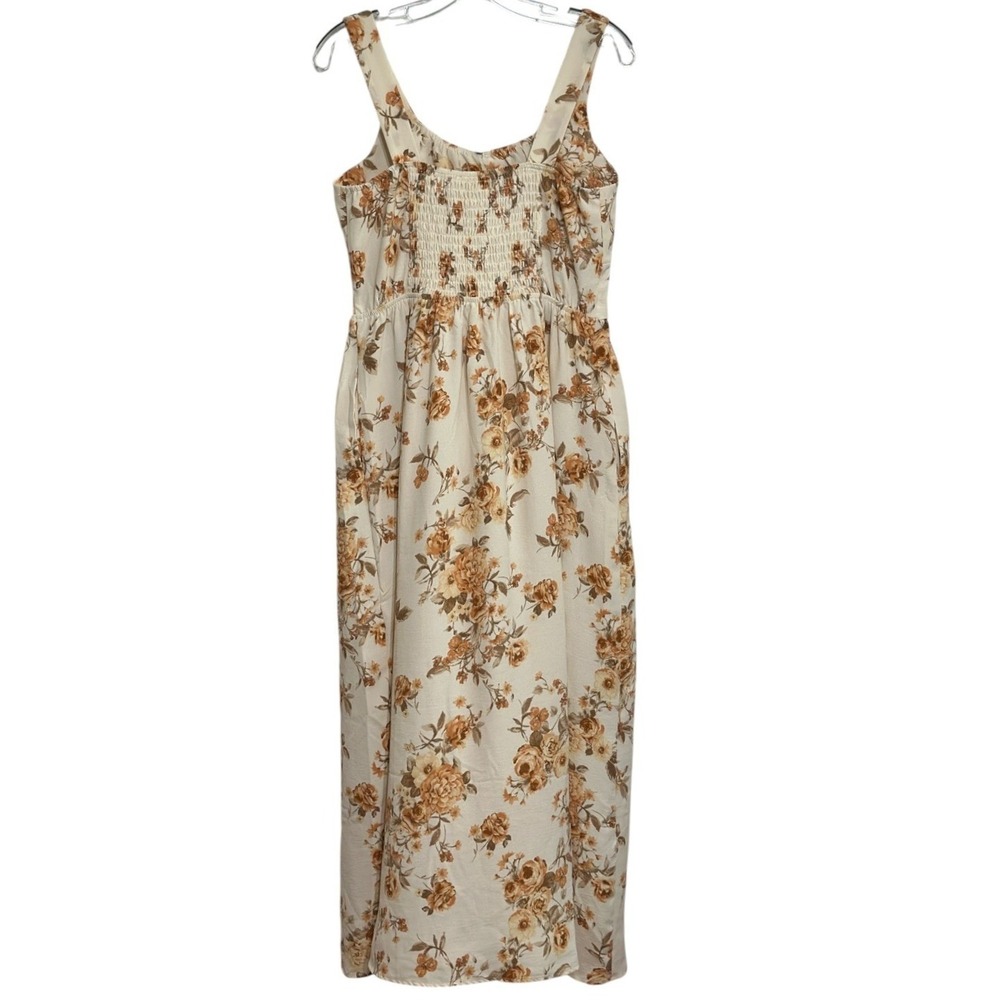 Monteau Los Angeles Maxi Sun Dress Womens Cream Tan Floral Smocked Cottagecore L - Picture 2 of 6